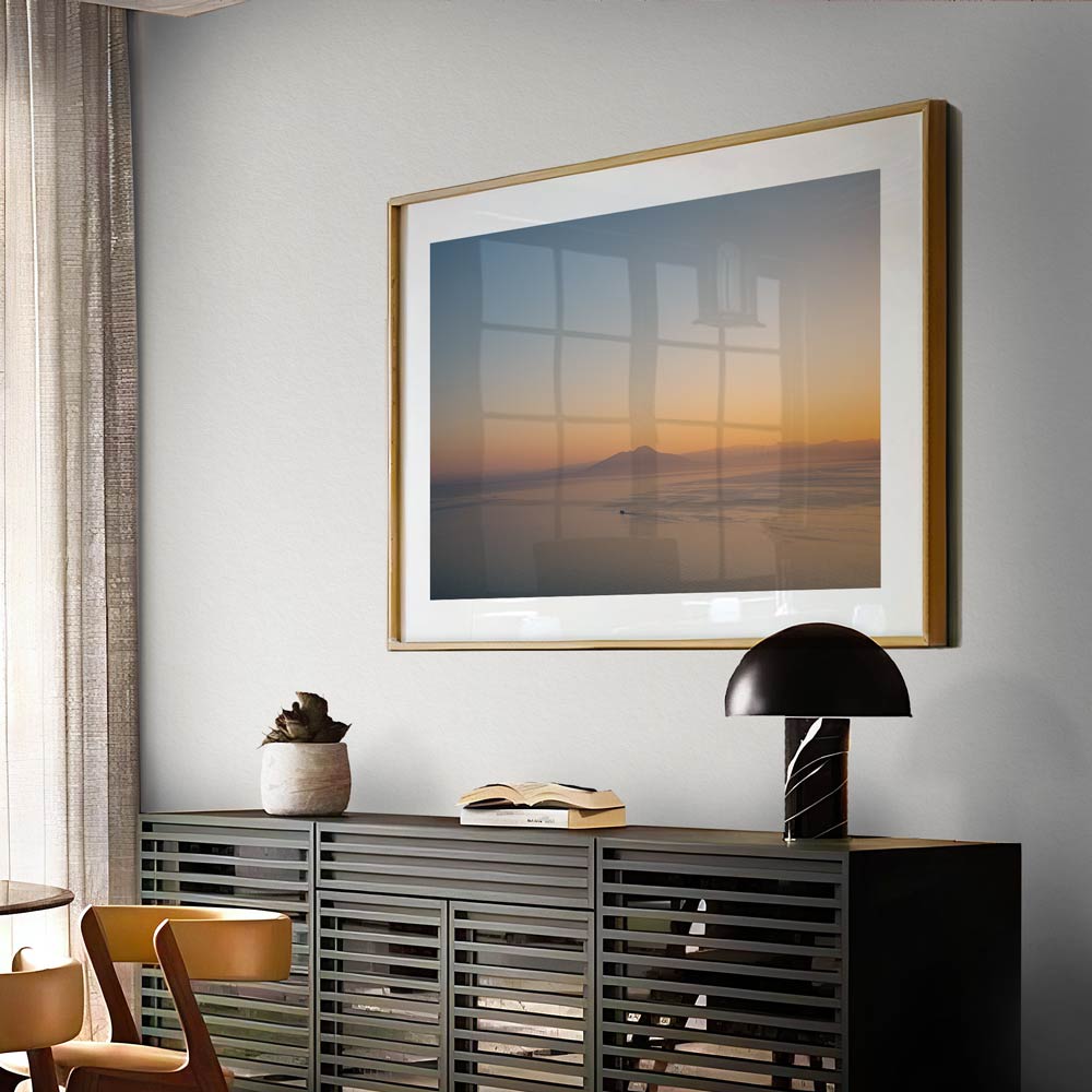 Mt. Vesuvius framed print: Sunset boat scene, adding to your wall decor collection.