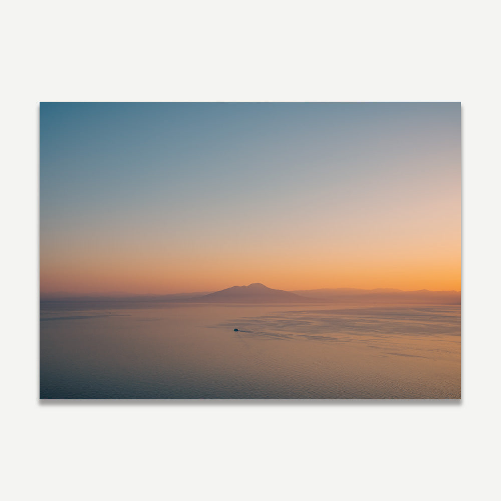 Framed wall art: Mt. Vesuvius, Italy, capturing sunset boat scene – modern art decor.