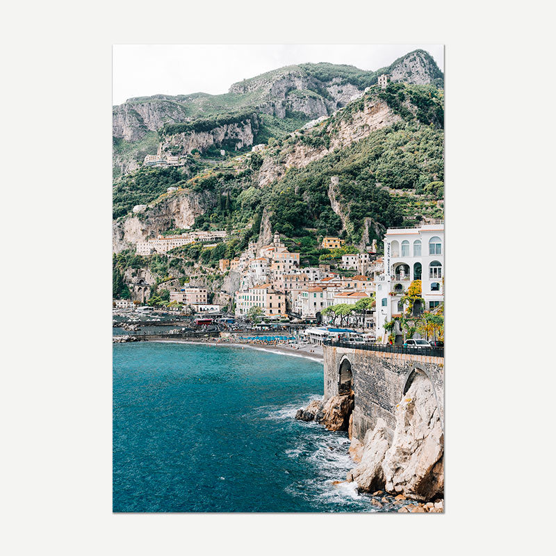 Amalfi Coast photo art, featuring pastel villages on cliffs, perfect for home decor inspired by Mediterranean elegance