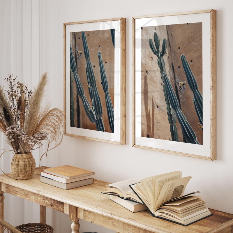 Two framed artworks of cacti on a wall above a wooden table with books and a vase.