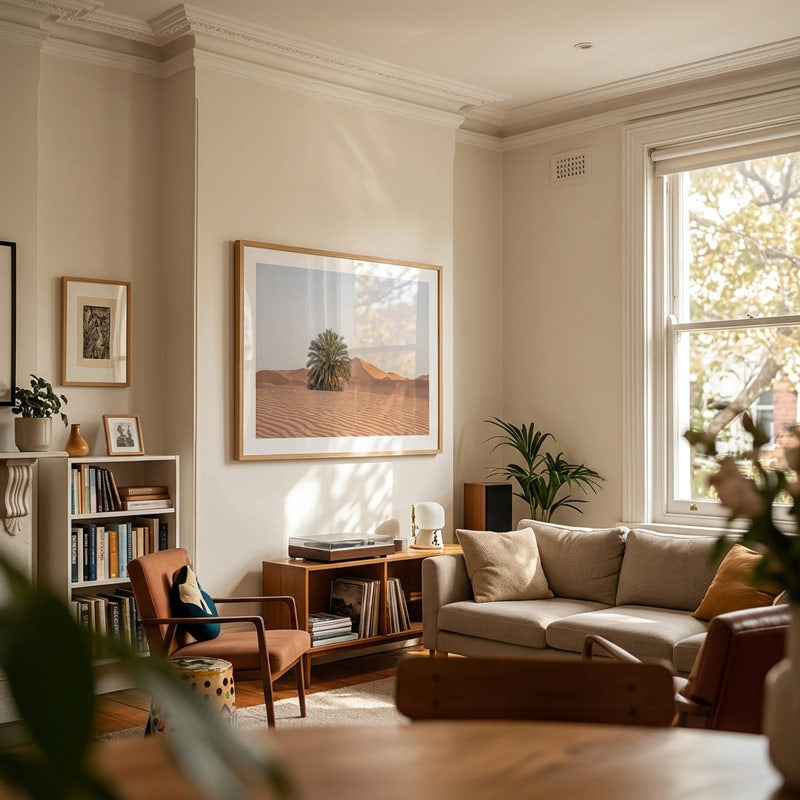 A framed art print depicting a desert landscape with sand dunes and a palm tree, displayed on a beige wall in a beautifully styled living room with a sofa, bookshelves, and plants.