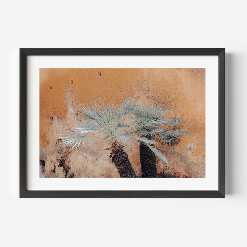 Framed artwork of a palm tree against a textured wall.