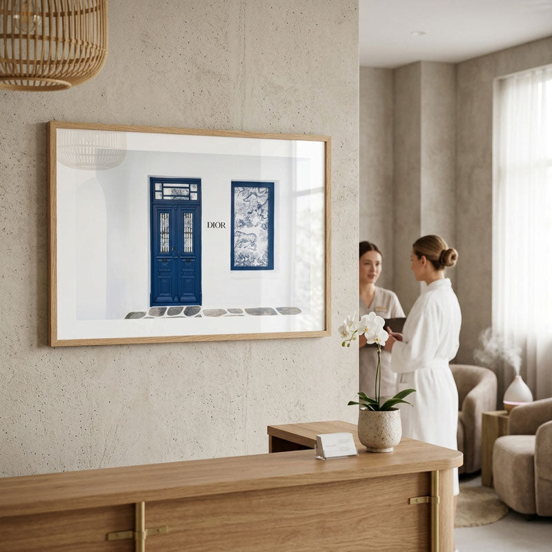 A large framed wall art print hangs on a textured beige wall in a modern, upscale interior. The print features a blue door and a blue patterned tile with the word 'DIOR' printed on it, inside a light wood frame.