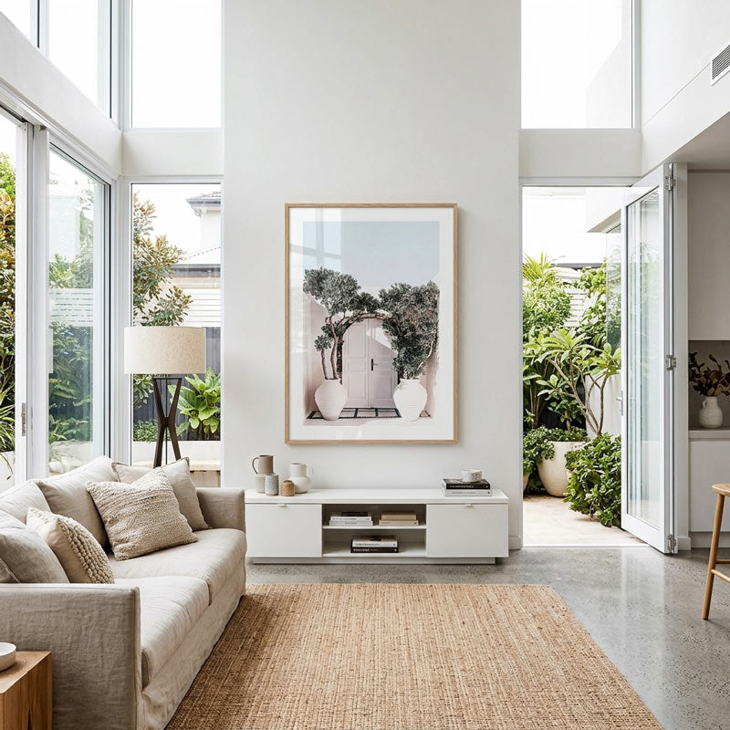 A large framed art print featuring a minimalist white door and archway with green trees, displayed on a white wall in a bright, modern living room with a beige sofa and a woven jute rug.