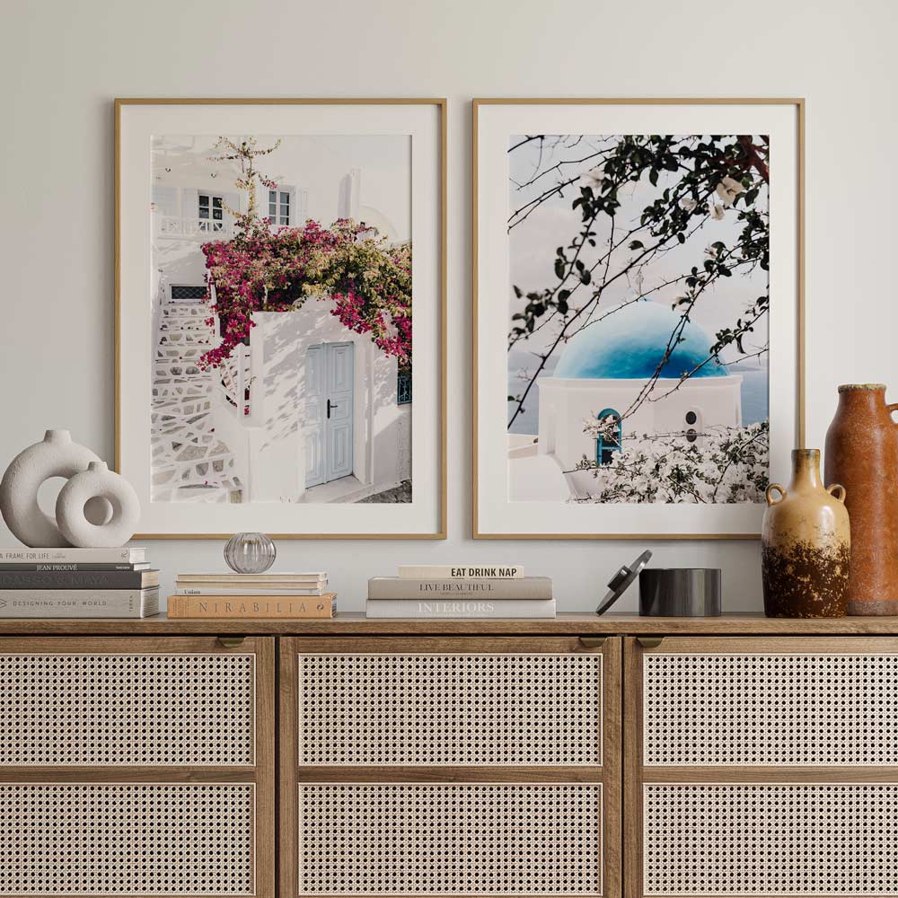 Blossom and Blue Dome Santorini Art Print