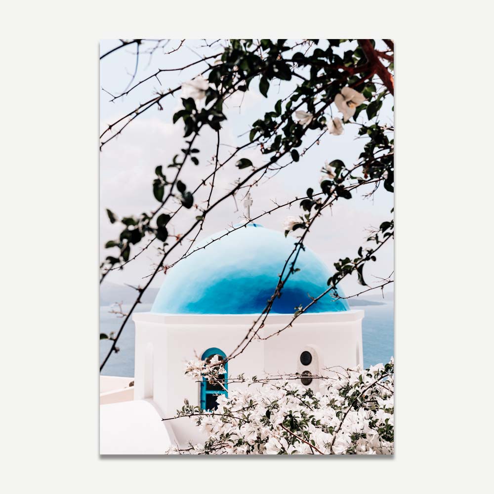 Blossom and Blue Dome Santorini Art Print