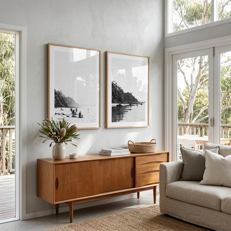 Two vertical black and white framed art prints with light wood frames hang on a light gray wall above a mid-century modern wooden sideboard in a bright, modern living room.