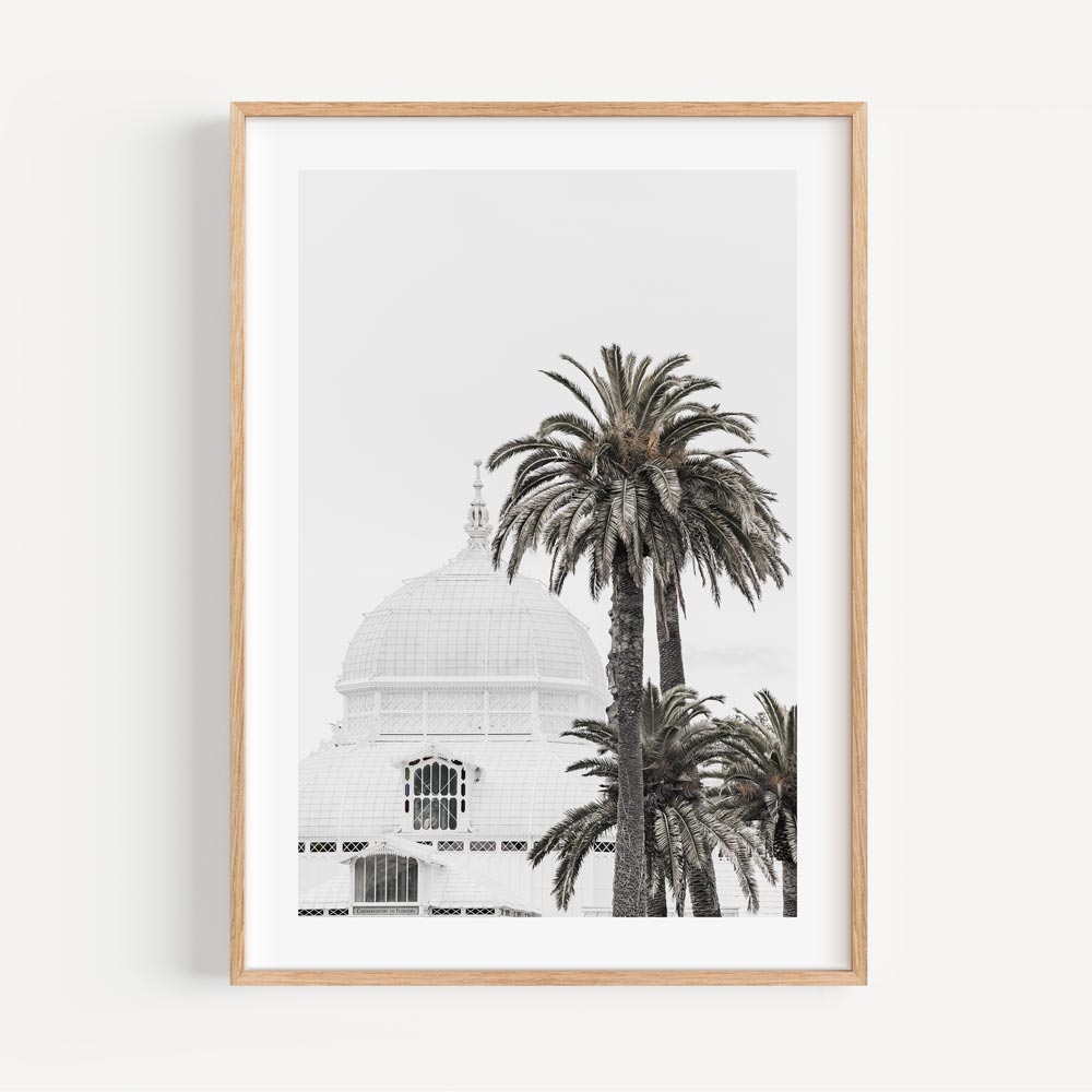 Art prints featuring San Francisco’s iconic Conservatory of Flowers, palm trees, and minimalist design