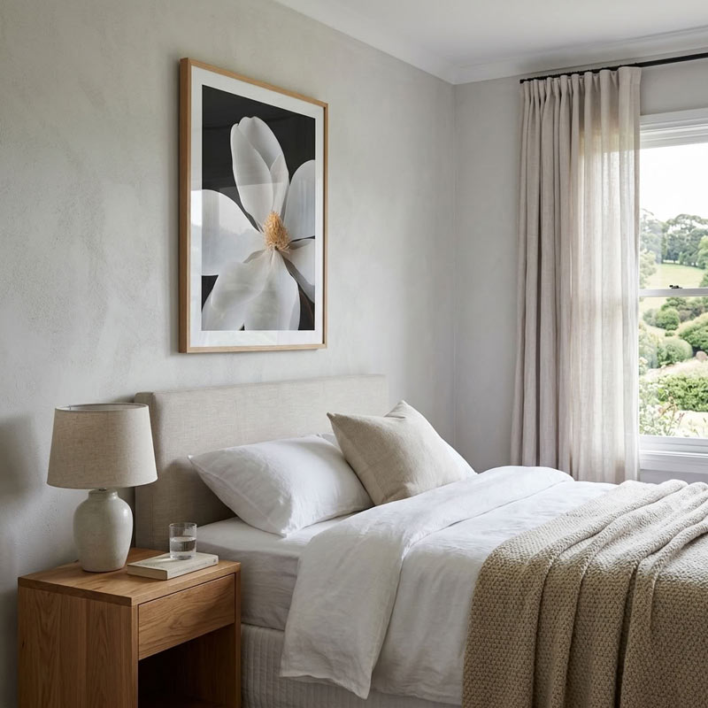 A styled bedroom interior featuring a large framed black and white floral art print on a textured light gray wall above a bed with white linens and a beige throw blanket. A wooden bedside table with a lamp sits to the left, and a window with sheer curtains reveals a green outdoor landscape.