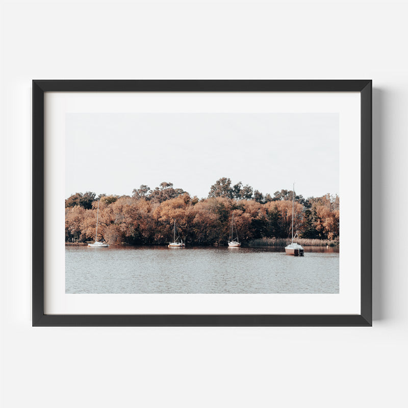 Framed photograph of a lake with trees and boats on a white wall