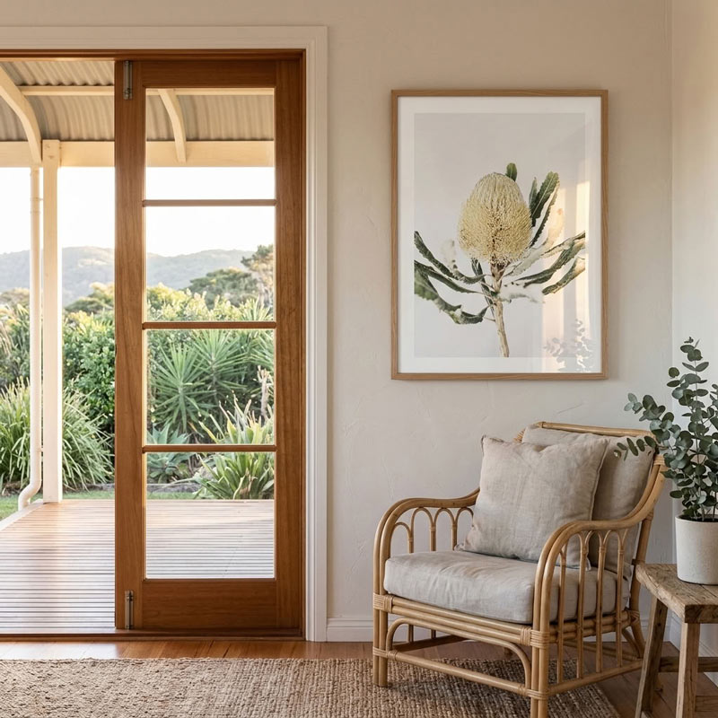 A framed botanical art print of a protea plant hanging on a beige wall in a modern, sunlit room with a rattan armchair and a glass door leading to a garden.