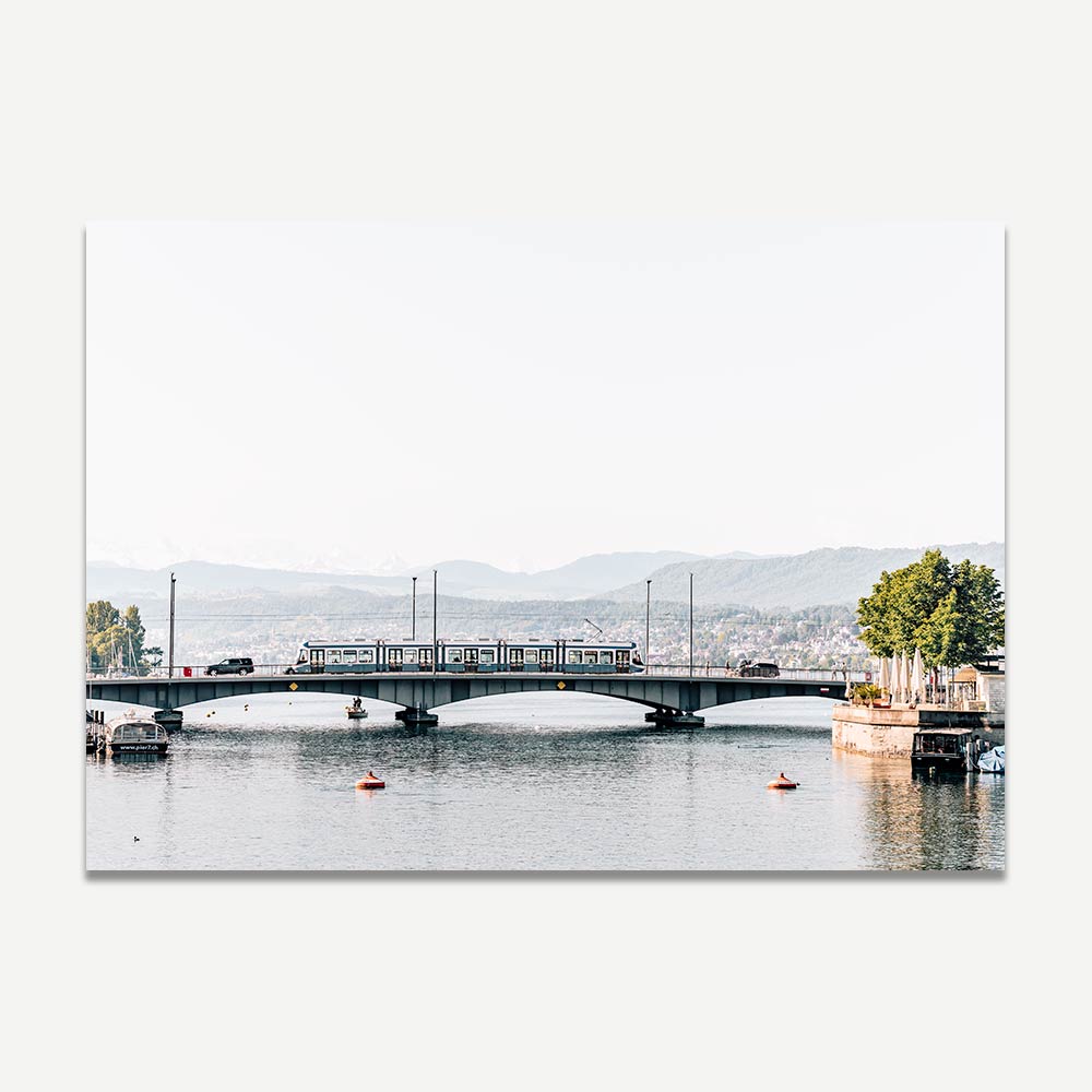 Lightrail train crossing the bridge in Zurich