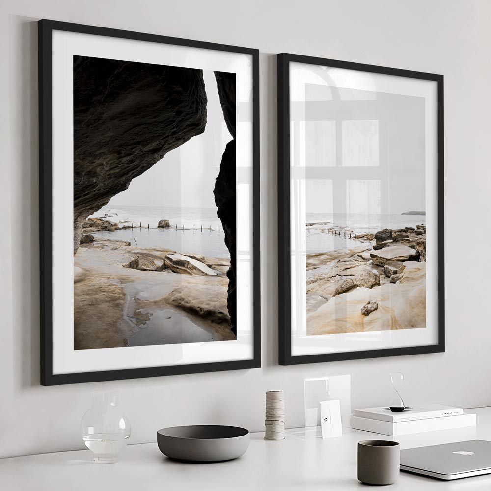 Discover the serenity of MAHON POOL IN MAROUBRA with this wall artwork - a framed photo of a beach and rocks from Oblongshop.