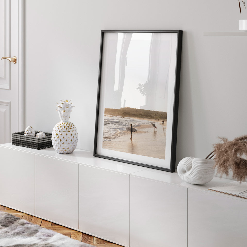 Surfers riding waves at Maroubra Beach, framed wall art capturing the beauty of real photography. Ideal for lounge, sitting, or front room wall decor. Find cool art at Oblongshop. 