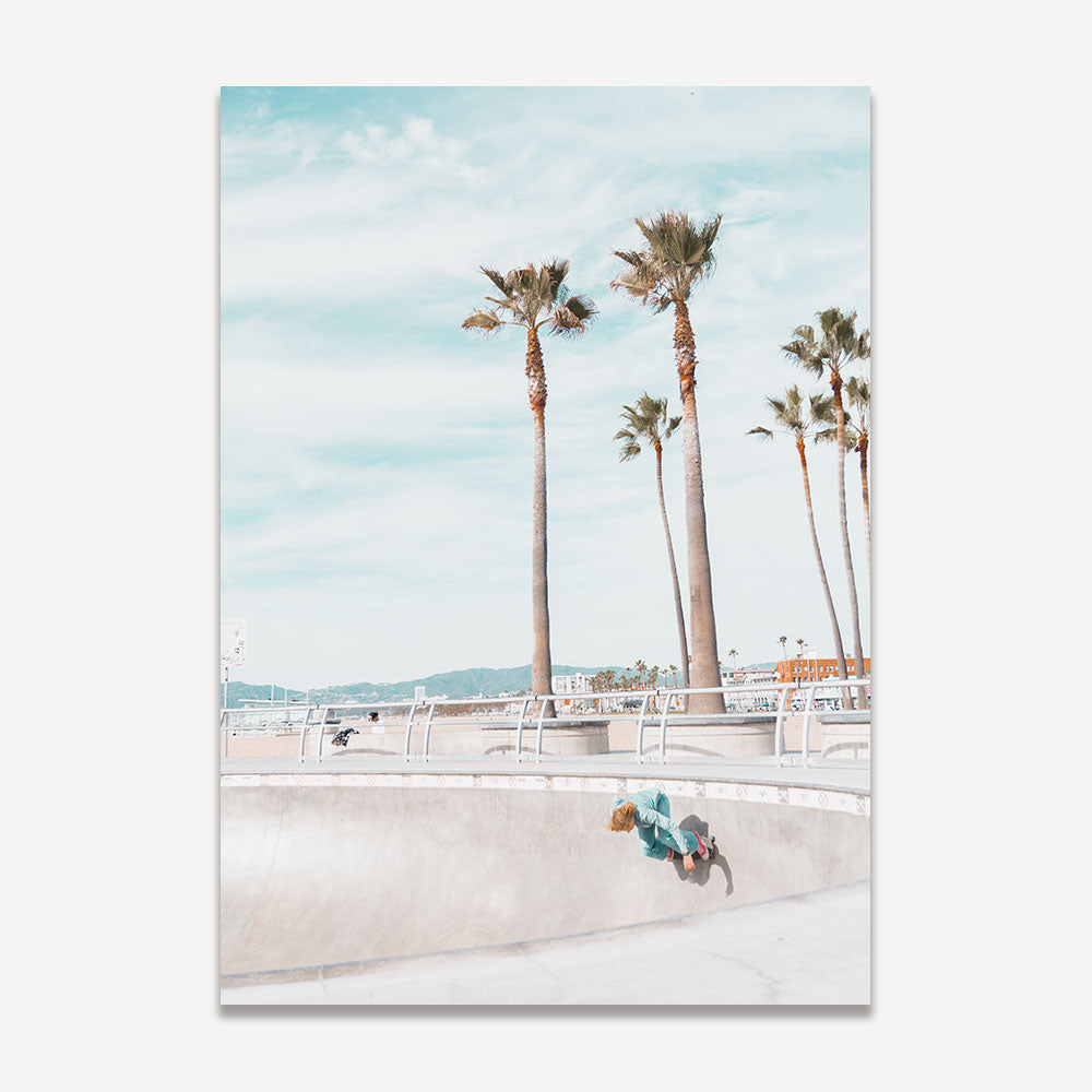 California palm trees backdrop with Venice Beach skater in OblongShop's photo art.