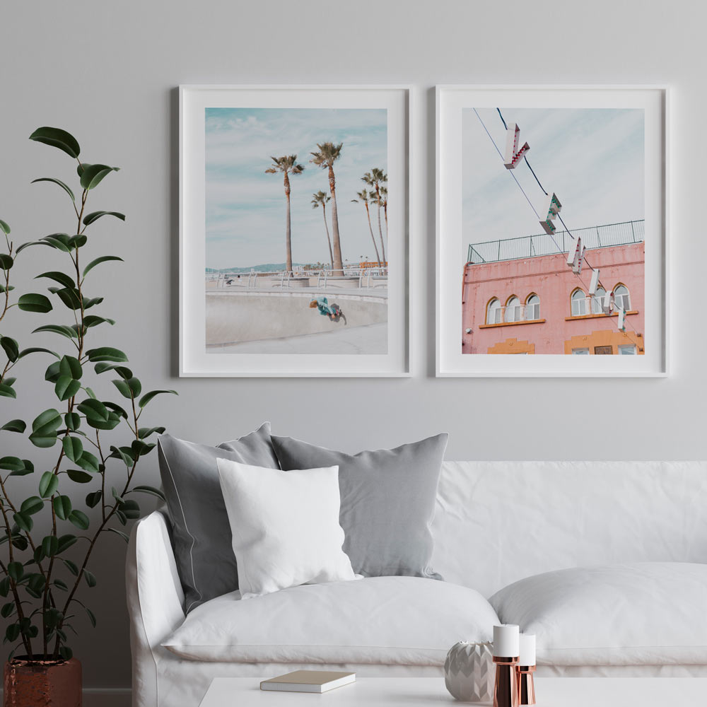 OblongShop's Venice Beach skate park skater photo art, featuring California palm trees.