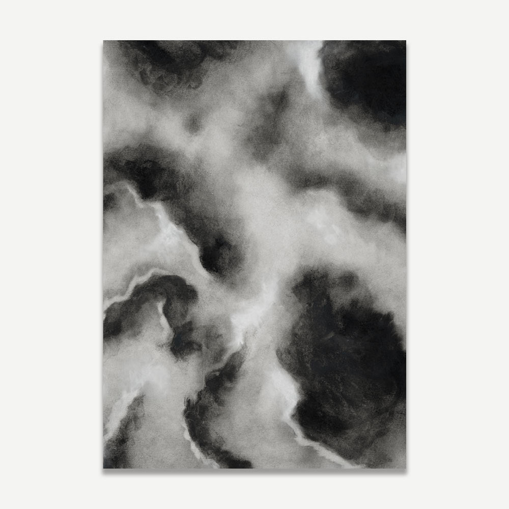 A black and white abstract artwork depicting a cloud-like pattern.