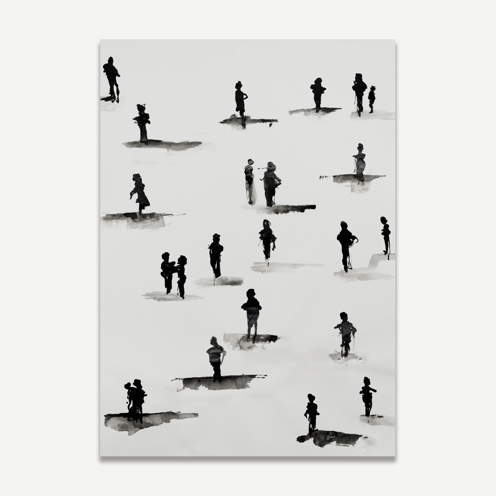 A black and white artwork featuring multiple silhouettes of people standing on what appears to be a white surface with minimalistic lines and shapes.