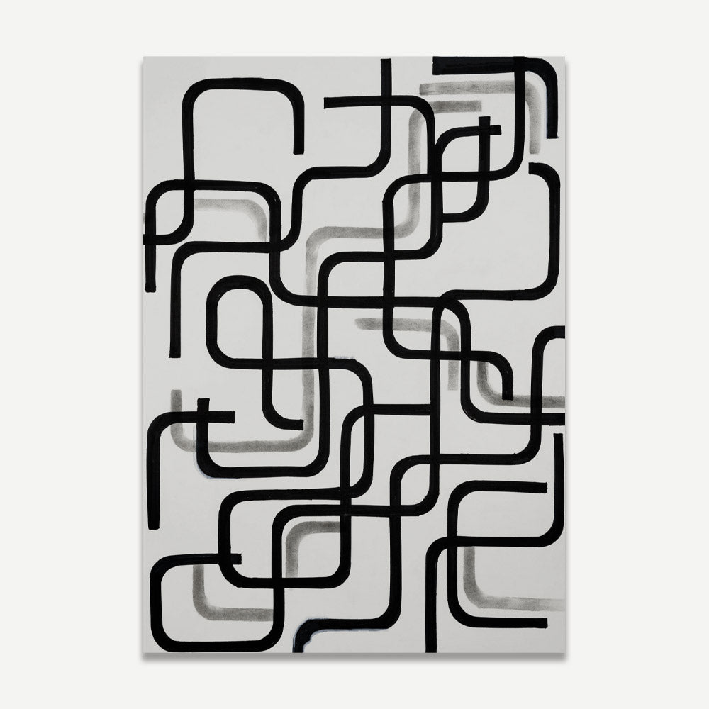 A black and white abstract artwork featuring a geometric pattern of interconnected lines on a white background.