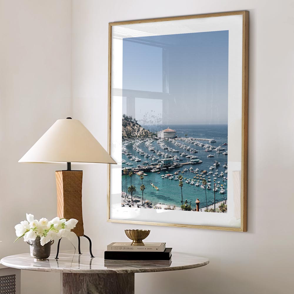 Stunning canvas print of Santa Catalina Island, California, featuring an aerial view with boats parked.