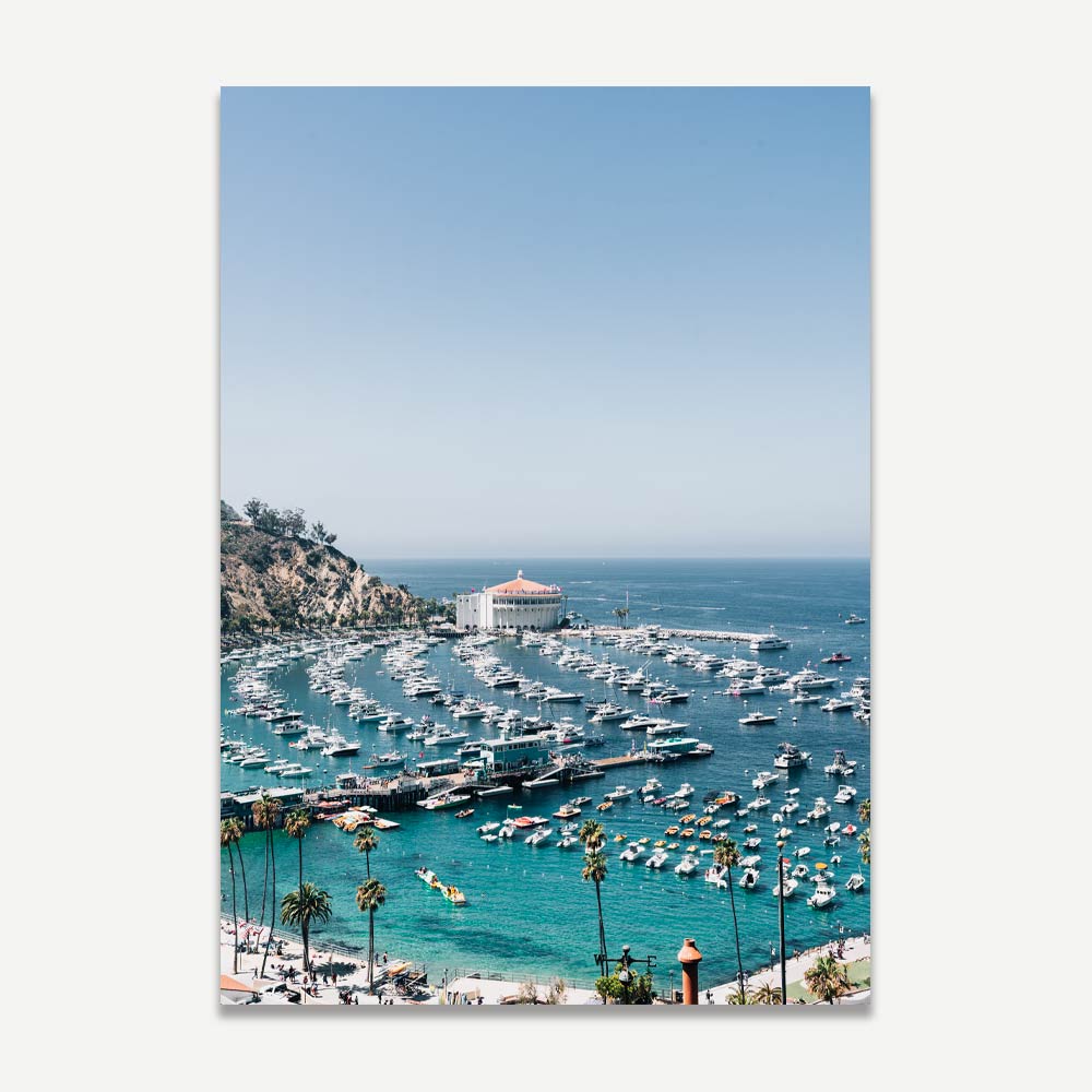 Captivating aerial photograph of Santa Catalina Island, California, featuring parked boats, ideal for wall artwork and modern wall art.