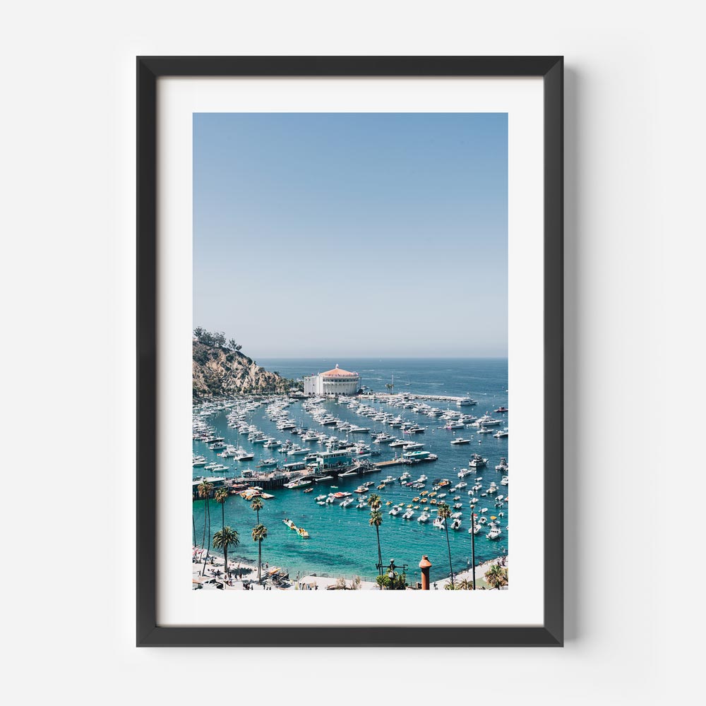 An aerial view of Santa Catalina Island, California with numerous parked boats, ideal for wall art and home decor.