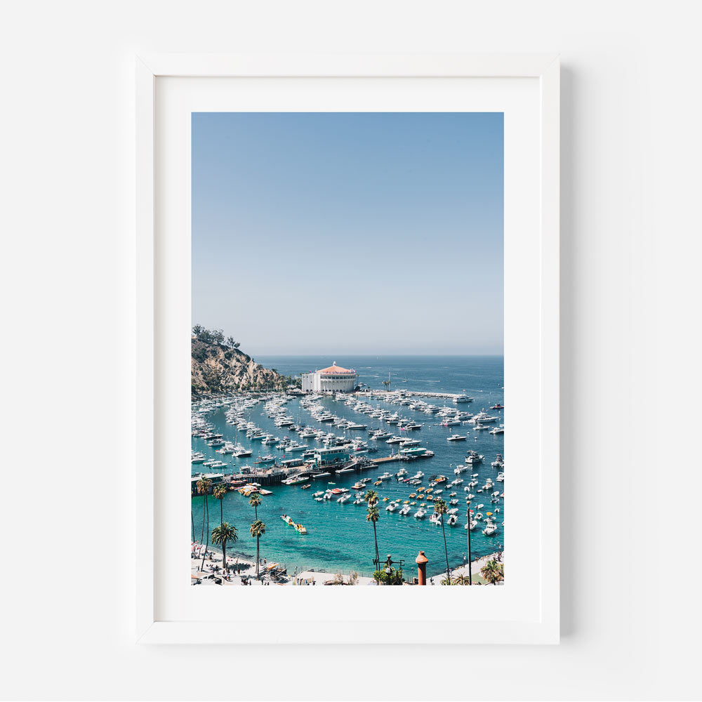 Original photography prints: An aerial view of Santa Catalina Island, California, showcasing a picturesque scene of parked boats.
