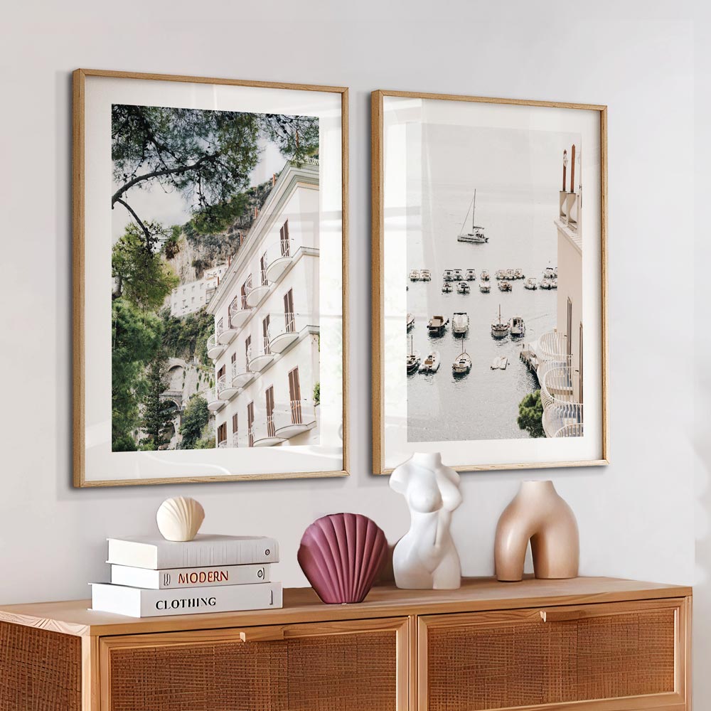 Photo of amalfi hotel building at amalfi coast  in a white frame, available at Oblongshop for home and office wall art decor.