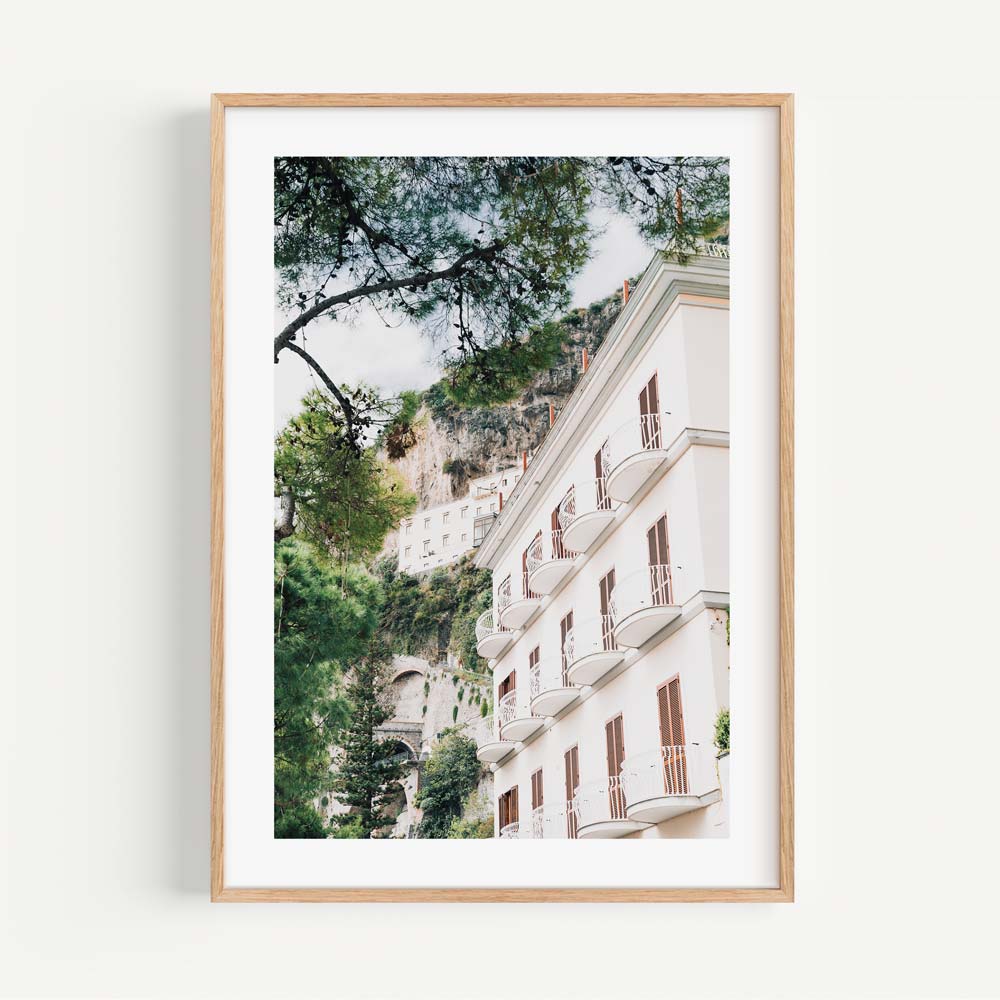 Oblongshop offers this white framed Italian amalfi hotel building photo as part of its diverse range of wall art for homes and offices.