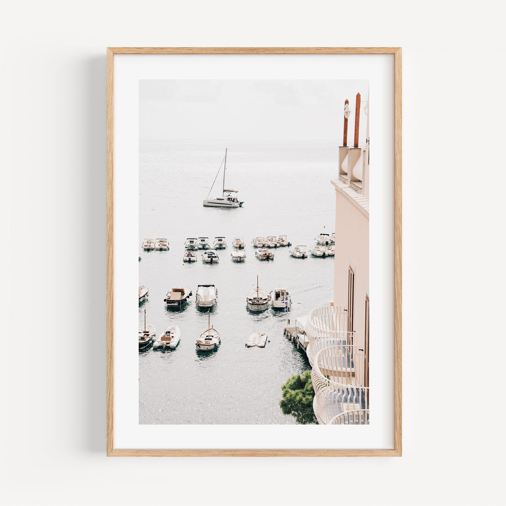 Italian Riviera Vista: Spectacular sight from Amalfi hotel, showcasing boats in the serene waters of the Amalfi Coast, Italy, suitable for framed art and canvas prints.