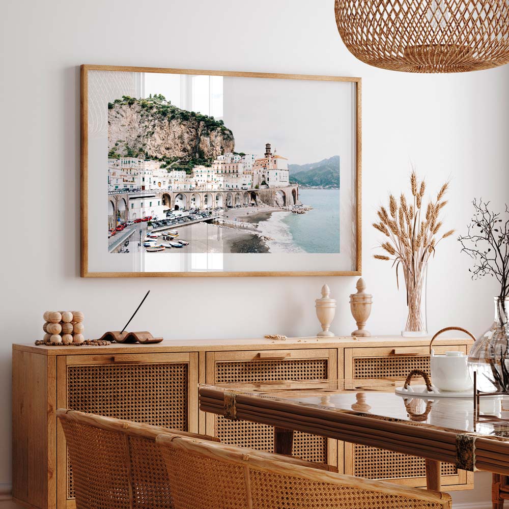 Stunning wall artwork featuring a beach and mountain captured in Atrani, Amalfi Coast, Italy.
