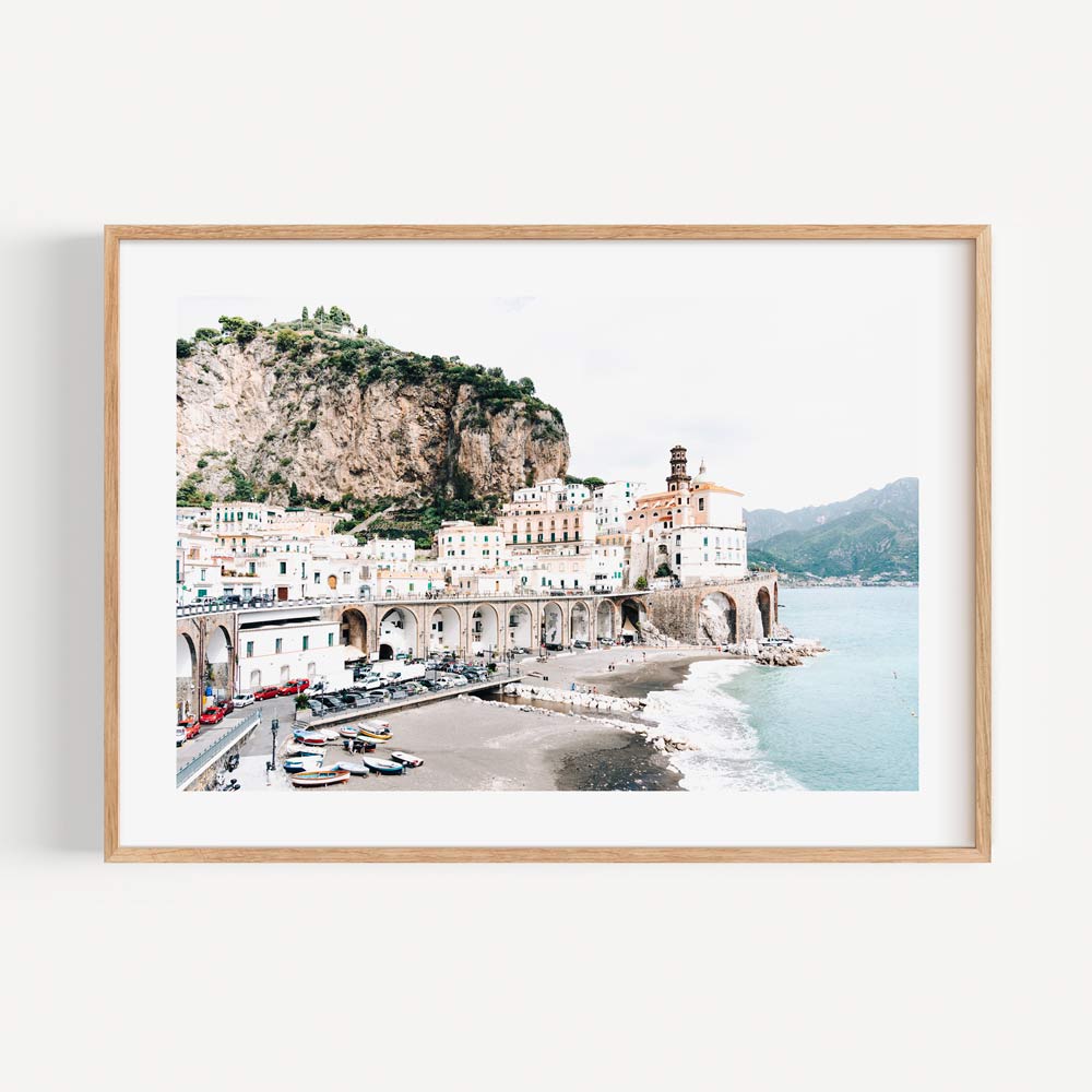 Transform your space with this real photography print of a beach and mountain, ideal for wall decor.
