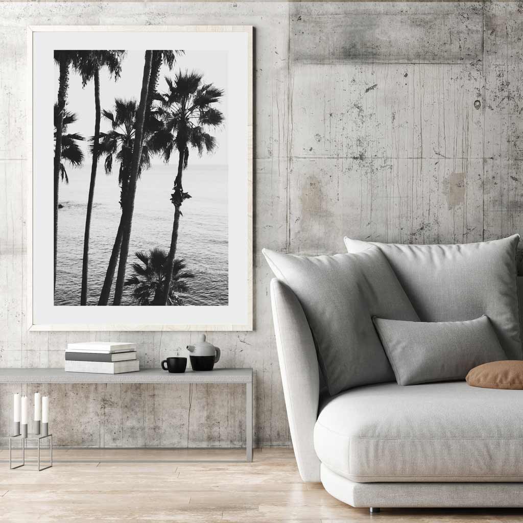 Laguna Beach California Palm Trees - Black and White Framed Photo for Wall Art Decor
