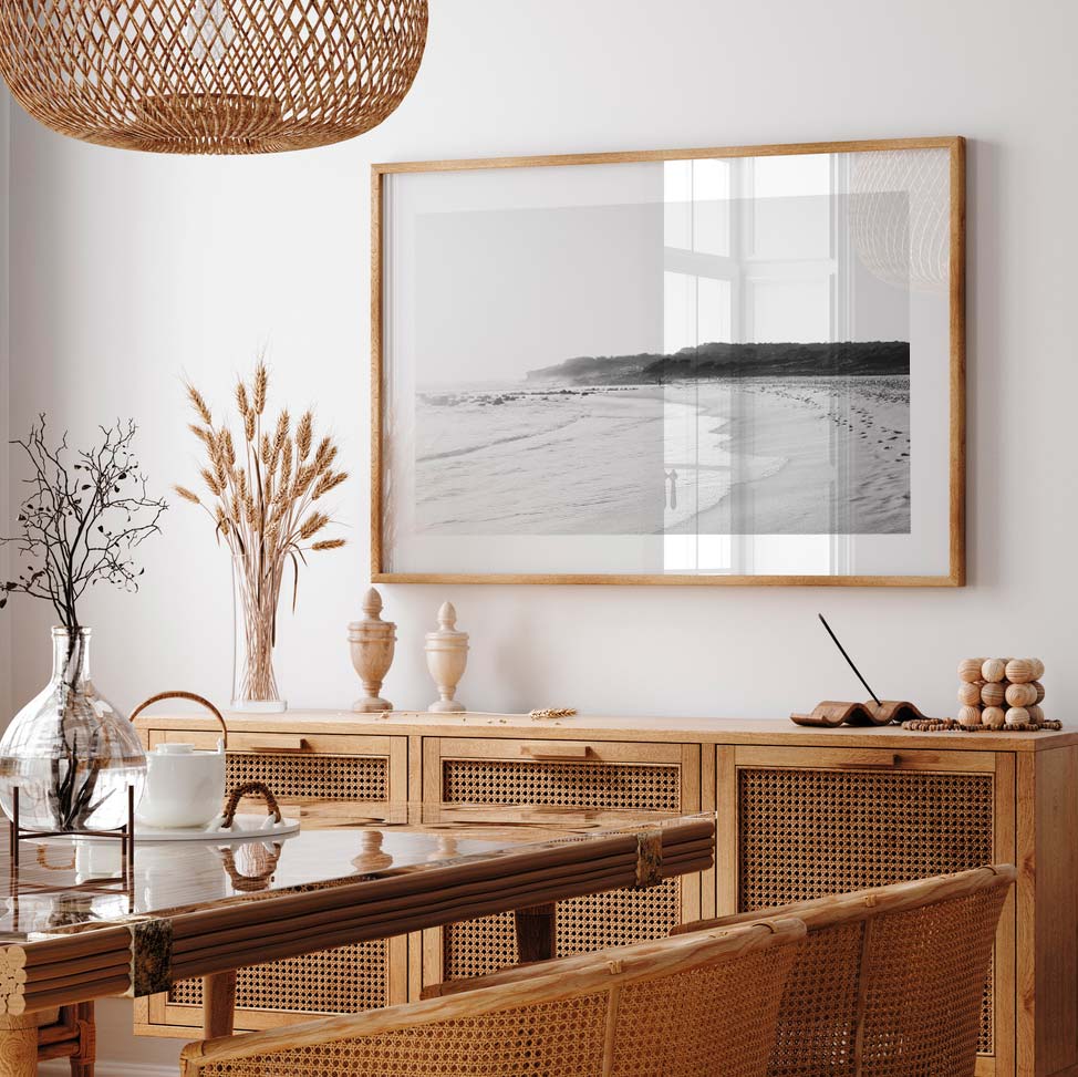 Wall art featuring a black and white image of the Maroubra beach with morning mist