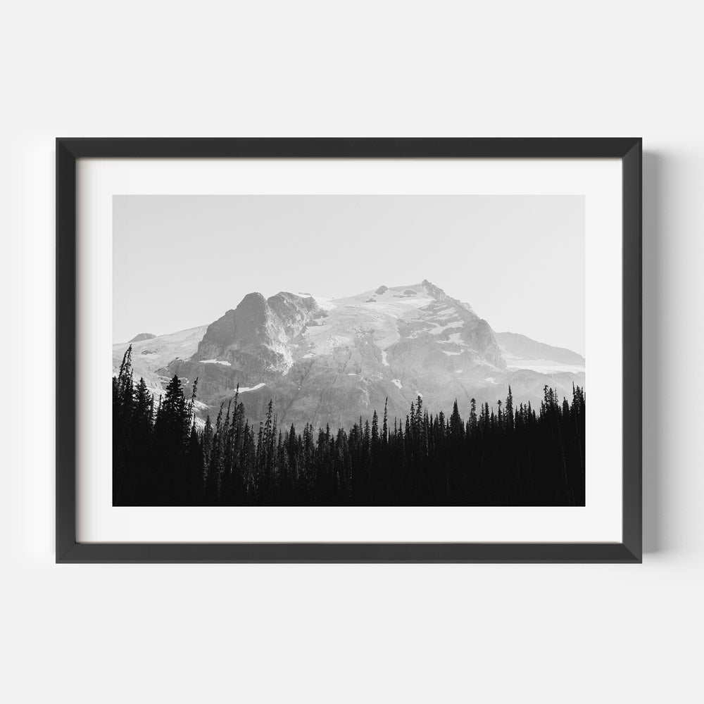 Monochrome mountains in white frame, Joffre Lakes Glacier, British Columbia, wall art with black frame.