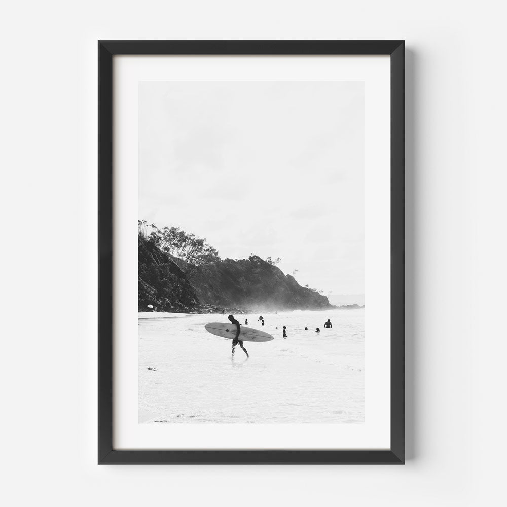 Seaside Charm: Framed black and white Wategos Beach, Byron Bay view with mountains and sea, enhancing coastal-themed decor.
