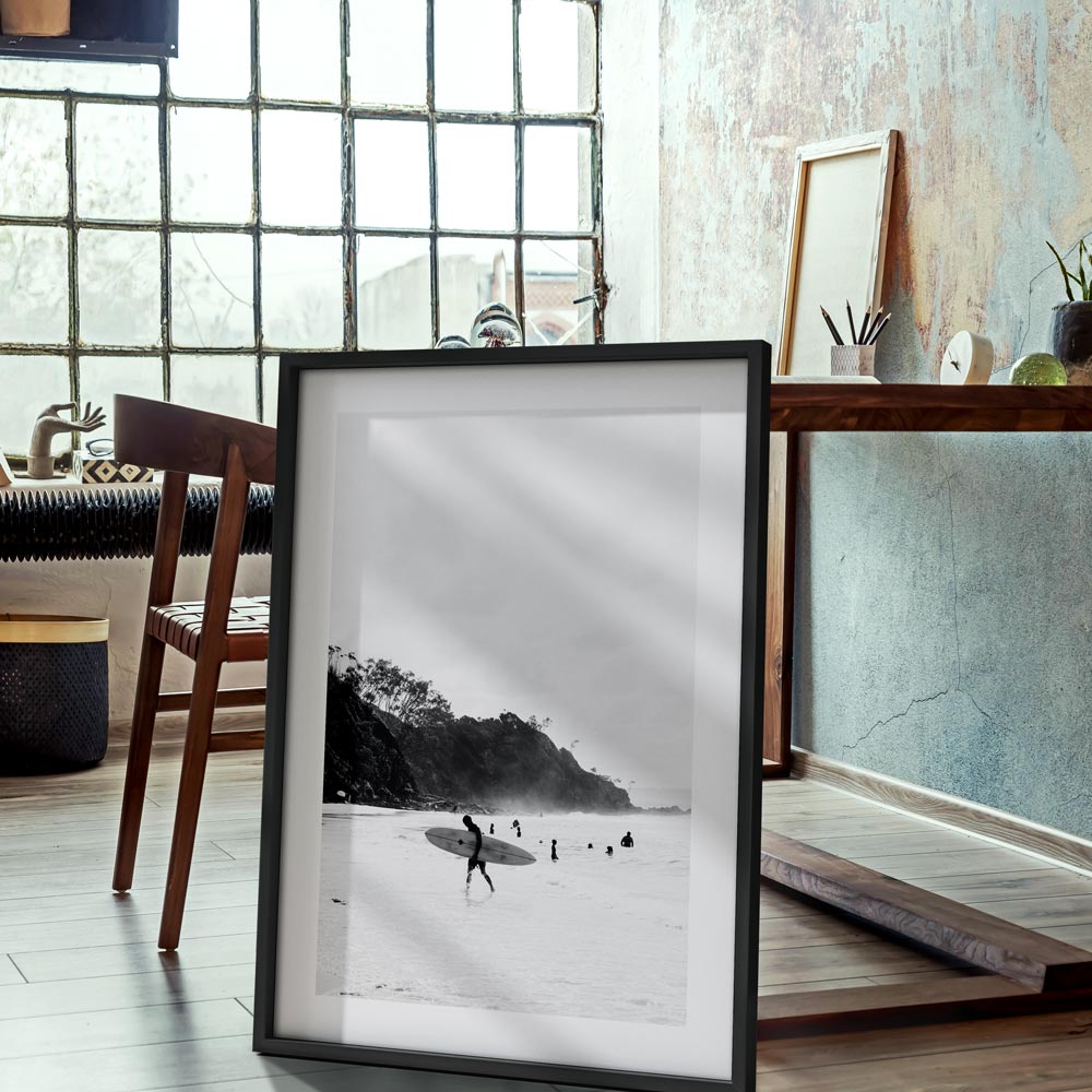 Byron Bay Beauty: Monochrome framed Wategos Beach, Byron Bay scenery with mountains and sea, ideal for elegant wall decor.