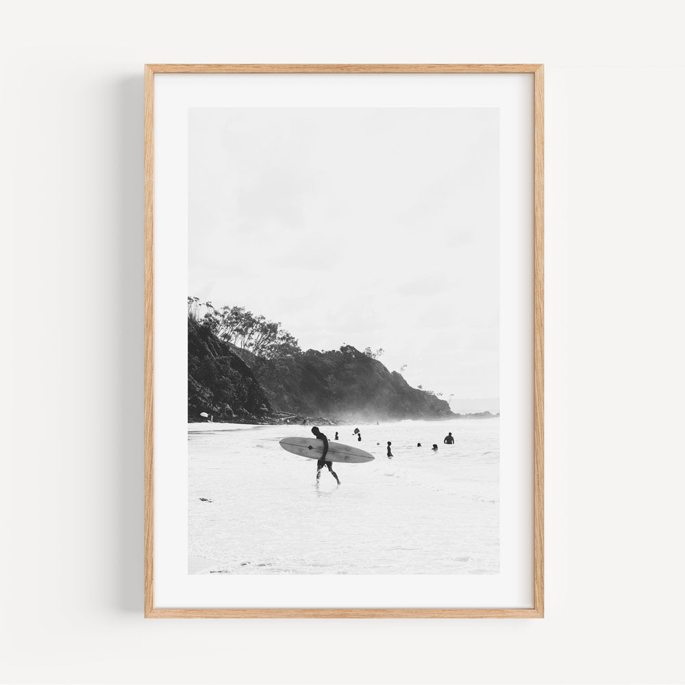 Coastal Contrast: Black and white framed Wategos Beach, Byron Bay scene with mountains and sea, perfect for stylish wall decor.