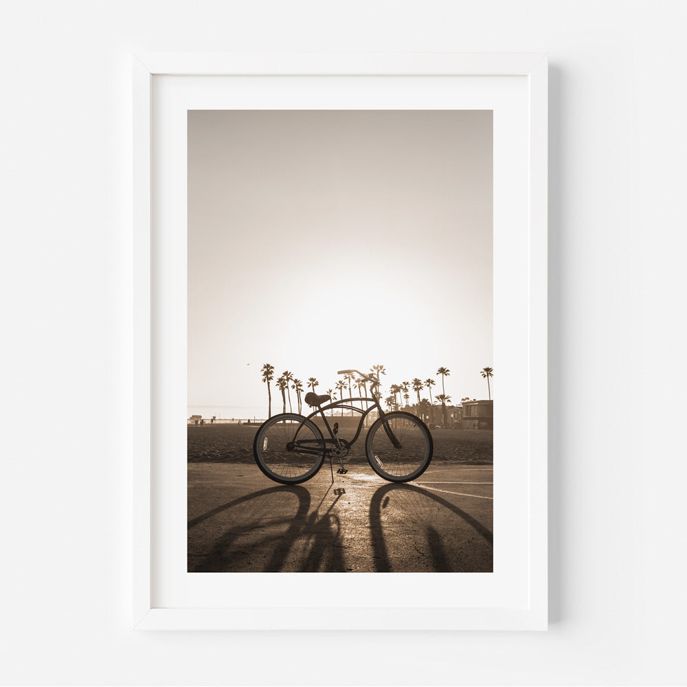  Framed photo of a bicycle in California with sunlight shining through - wall art for home or office decor.