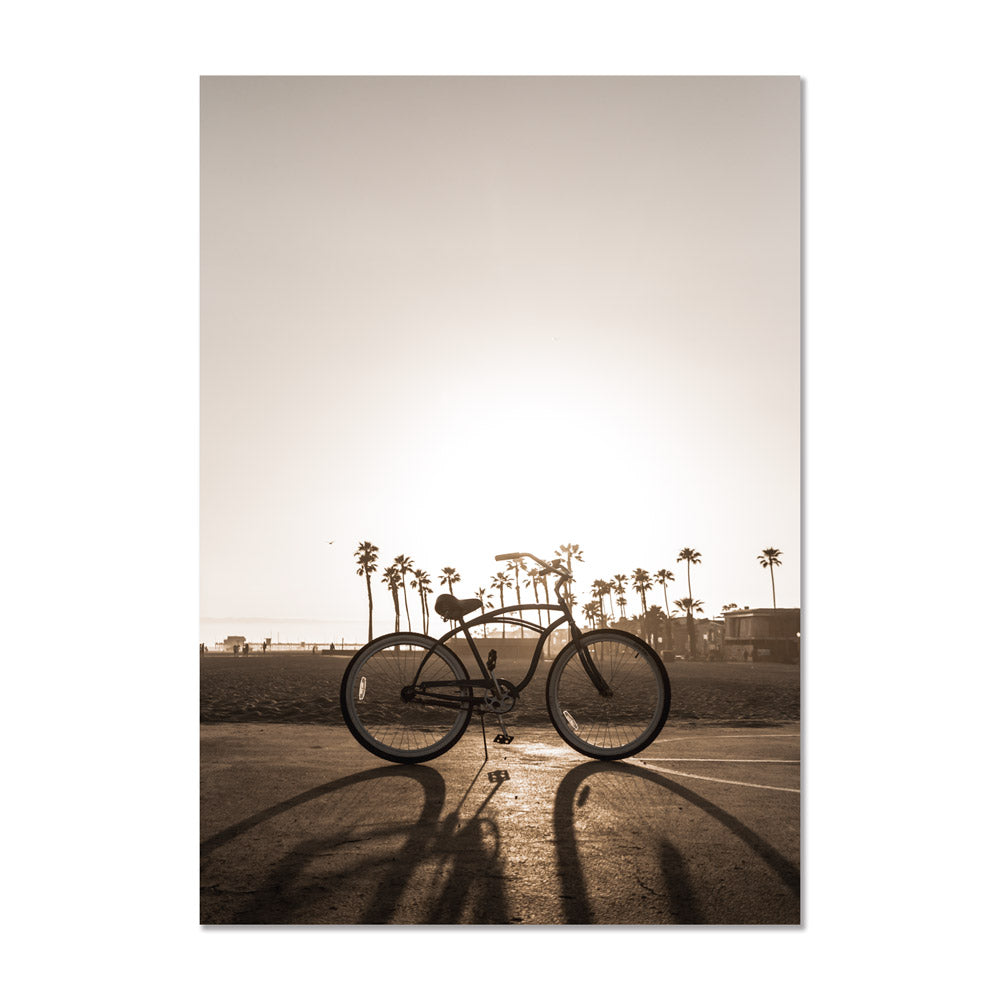 Framed wall art of a bicycle in California, sunlight piercing through - ideal for home or office decoration.