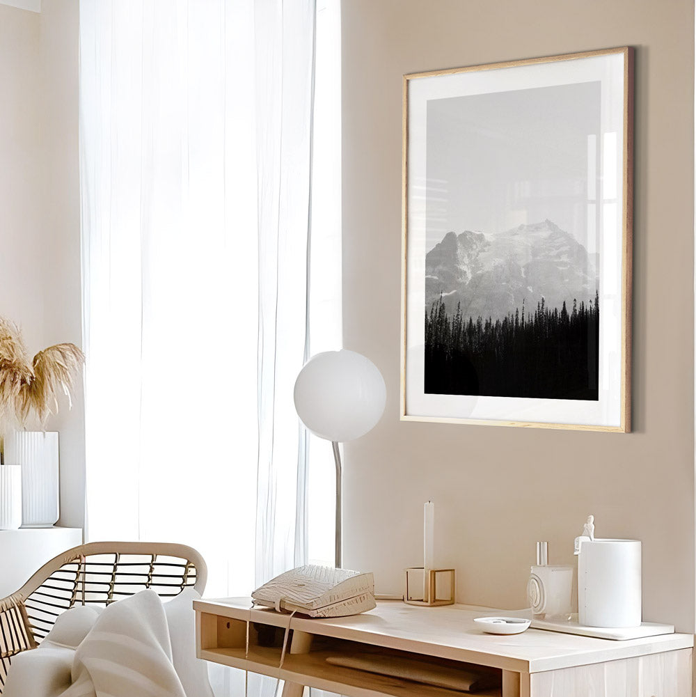 Dramatic view of Mt. Matier in black and white. Ideal for wall art. Available as canvas or framed print.