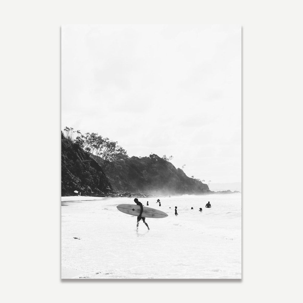 Byron Bay Majesty: Monochrome framed Wategos Beach, Byron Bay vista with mountains and sea, adding coastal elegance to your decor.
