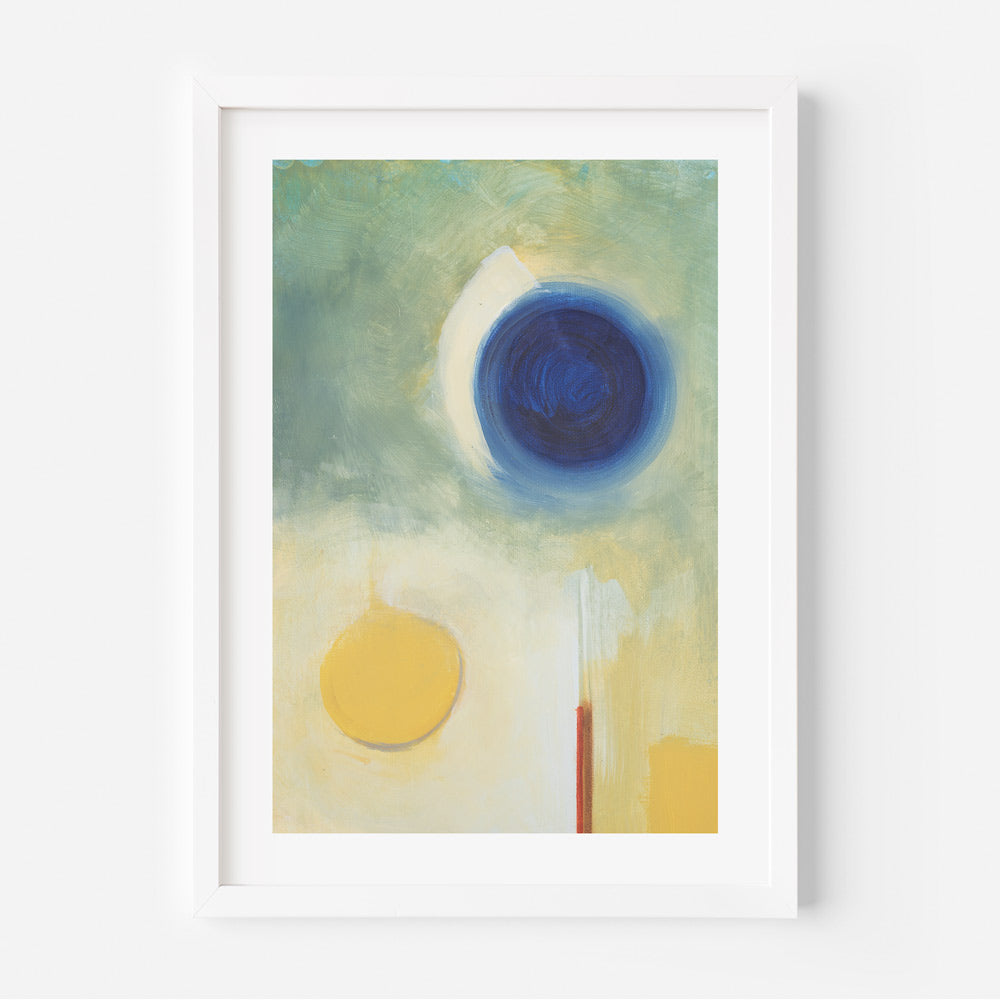 A framed abstract artwork featuring geometric shapes in green, yellow, and blue hues.