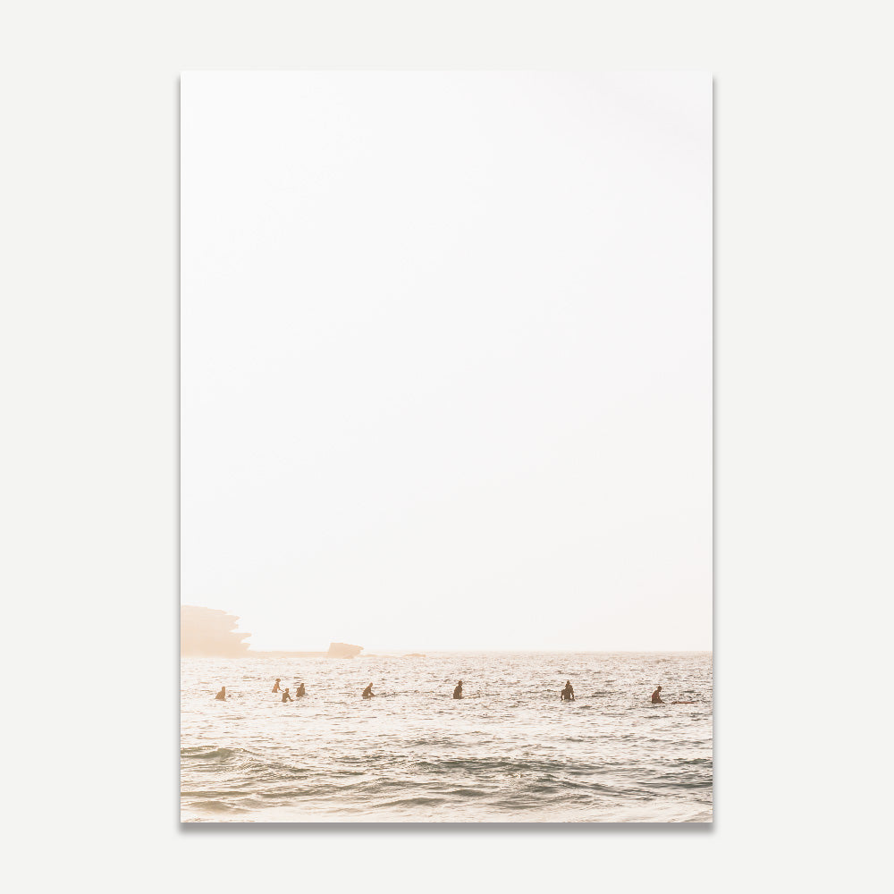 Bondi Surfers I wall art in soft morning light – neutral-toned coastal print for serene and stylish home decor.