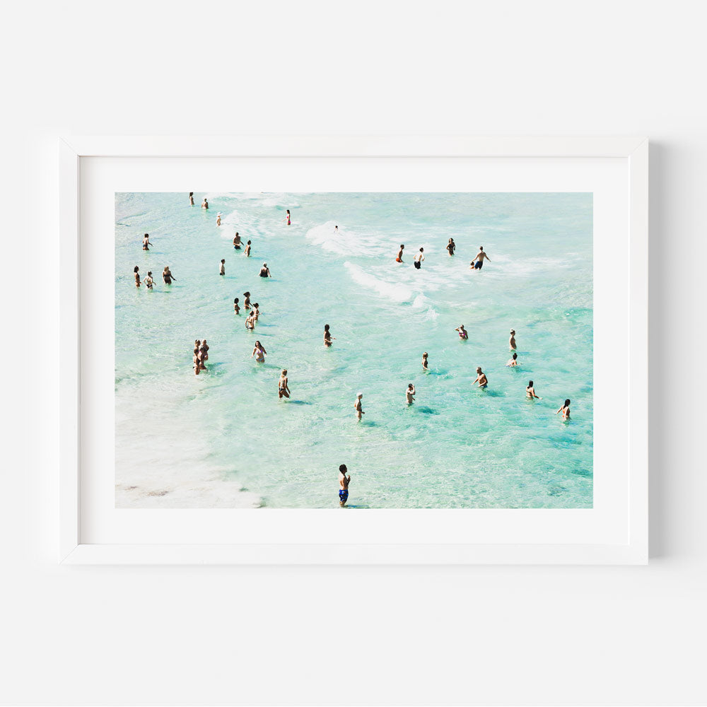 Wall art: A framed print of people swimming in the ocean - Bathers on Bondi Beach - by Oblongshop.