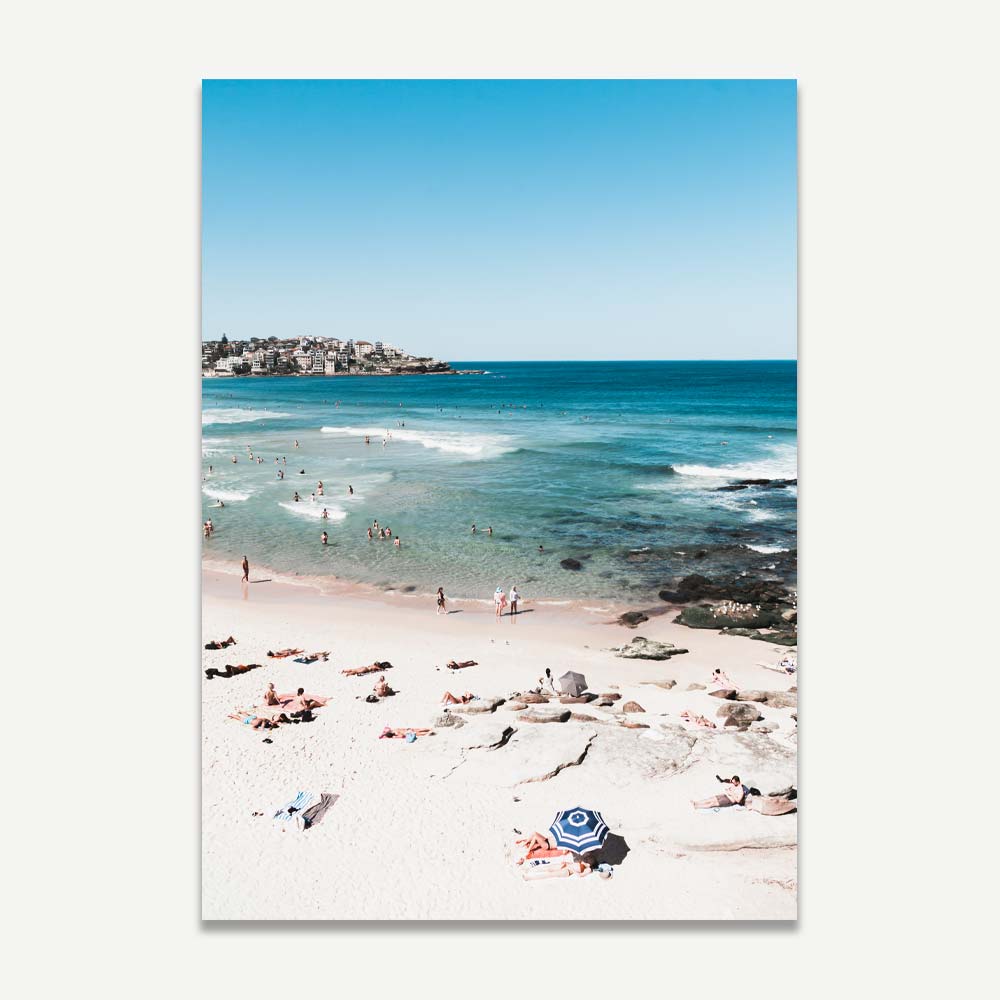 Wall art displaying a photo of people swimming on Bondi Beach - a beautiful piece to enhance your home or office ambiance.