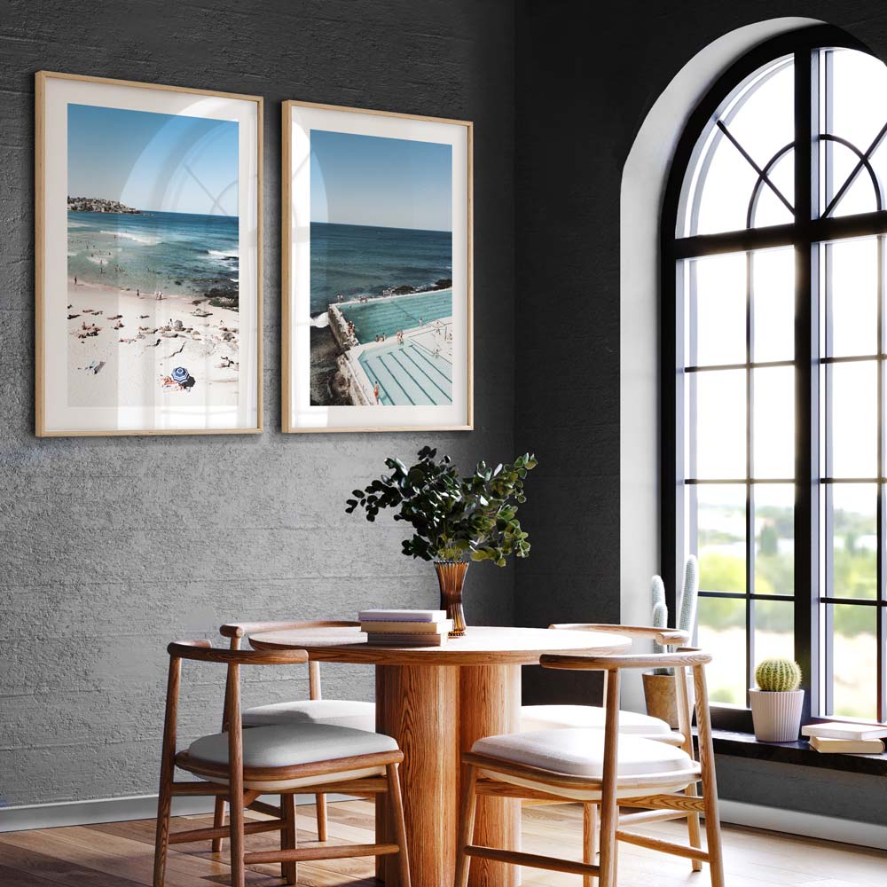 Oblongshop's wall art: a framed photo capturing Bondi Icebergs bathers, a serene pool and ocean view.