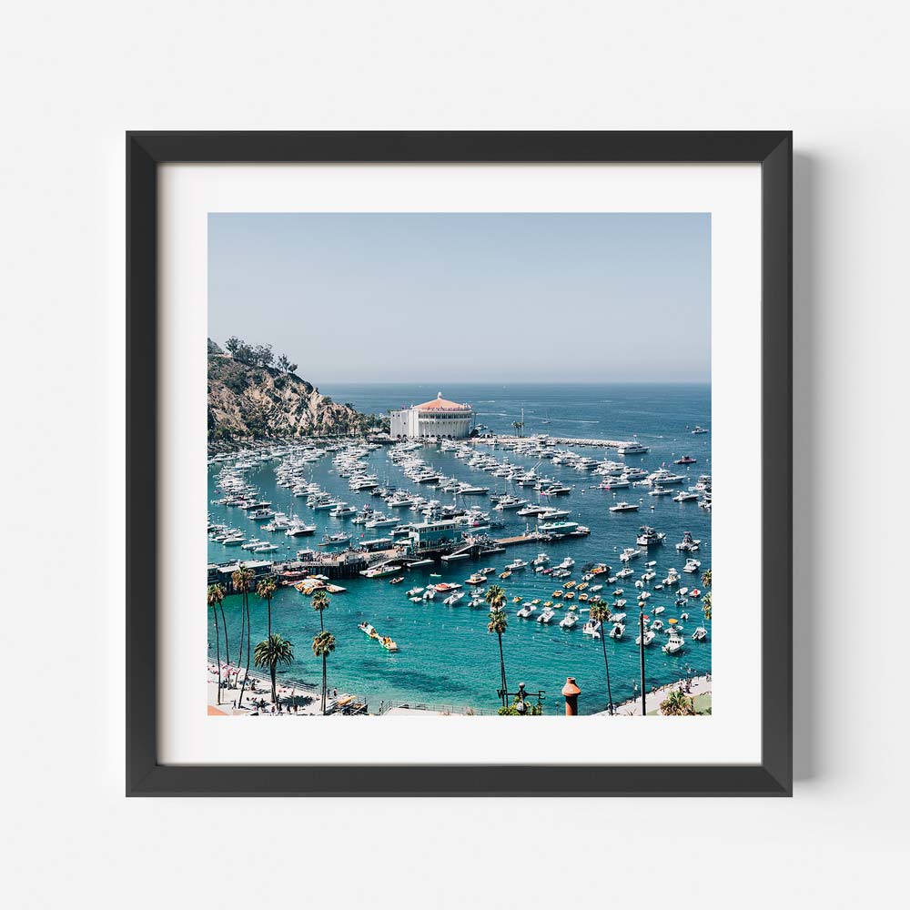Real wall art with frame of boats docked in the ocean at Santa Catalina Island, California