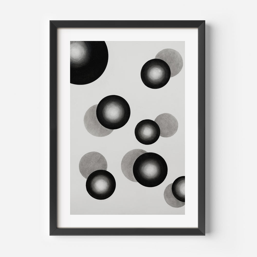 A Black framed Contemporary abstract art print of gray and black circles on a white background, museum quality.