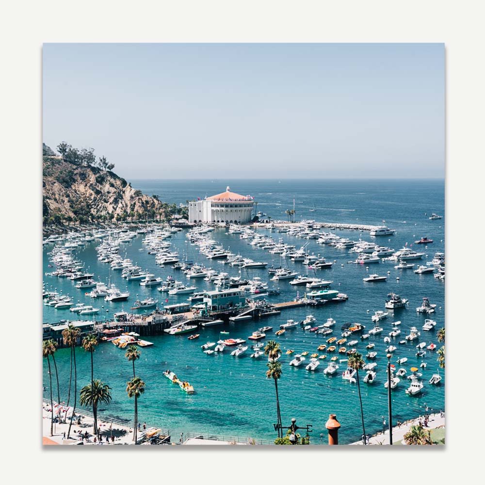 Artwork of boats docked in the ocean at Santa Catalina Island, California